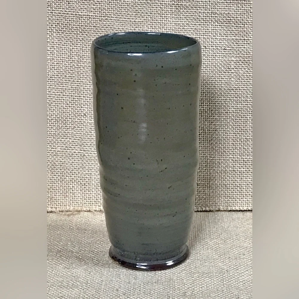 Olive Green Blue Cylinder Vase Art Pottery Cottage Goblin Core Boho Neutral
